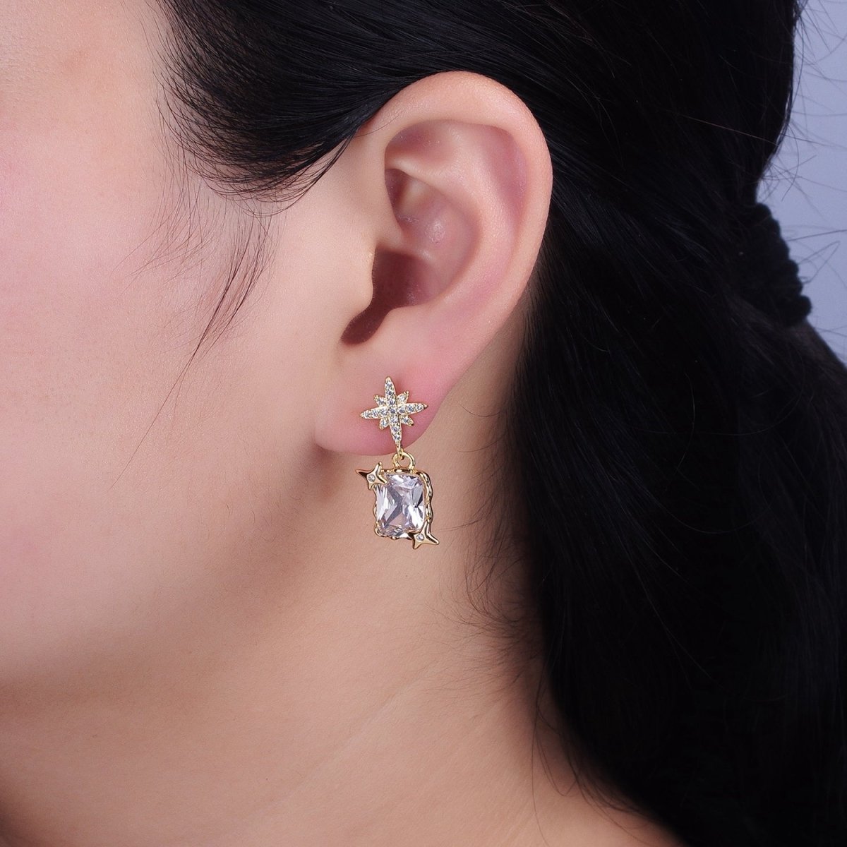 Silver, Gold Clear Baguette CZ Micro Paved Celestial North Star Stud Earrings | AB1090 AD788