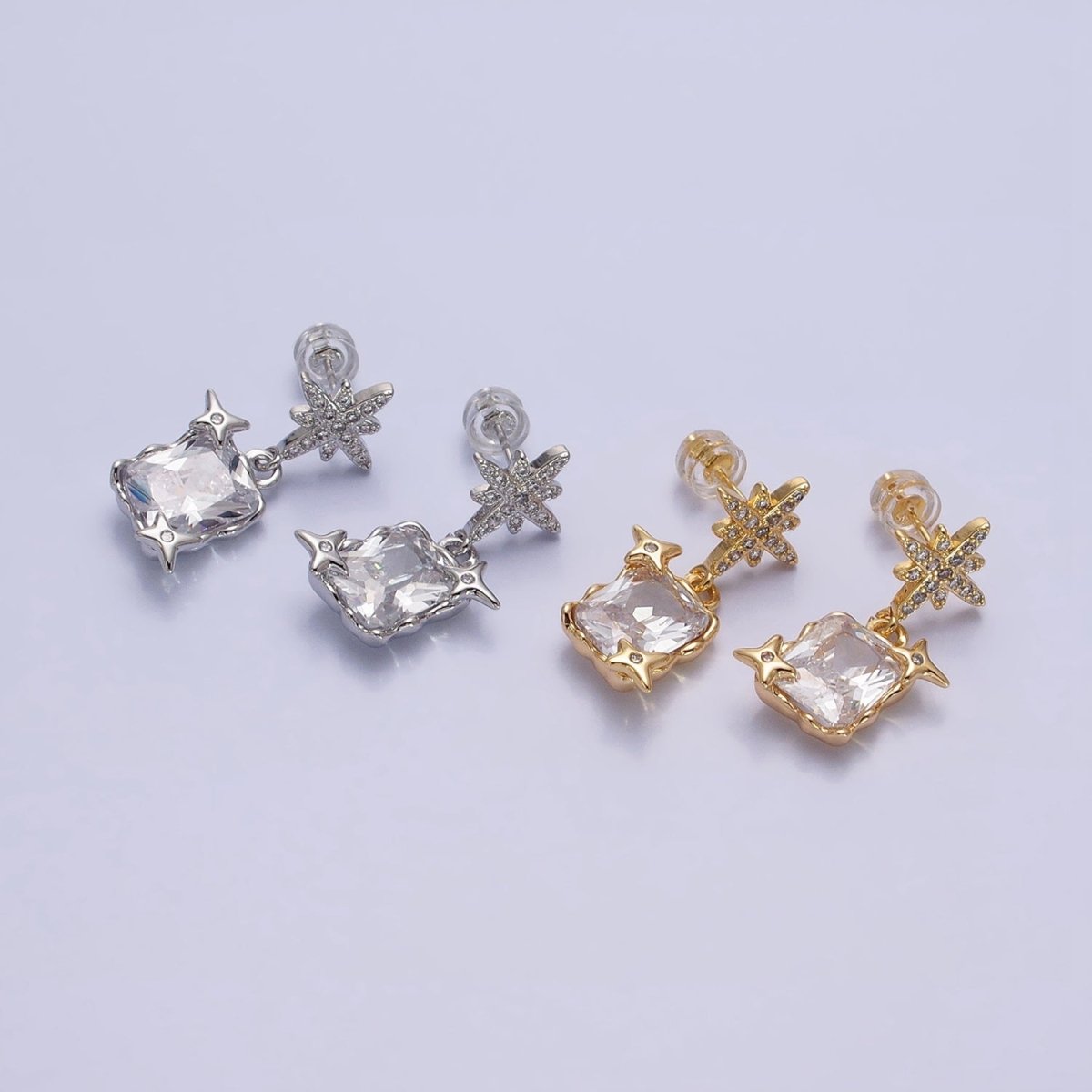Silver, Gold Clear Baguette CZ Micro Paved Celestial North Star Stud Earrings | AB1090 AD788