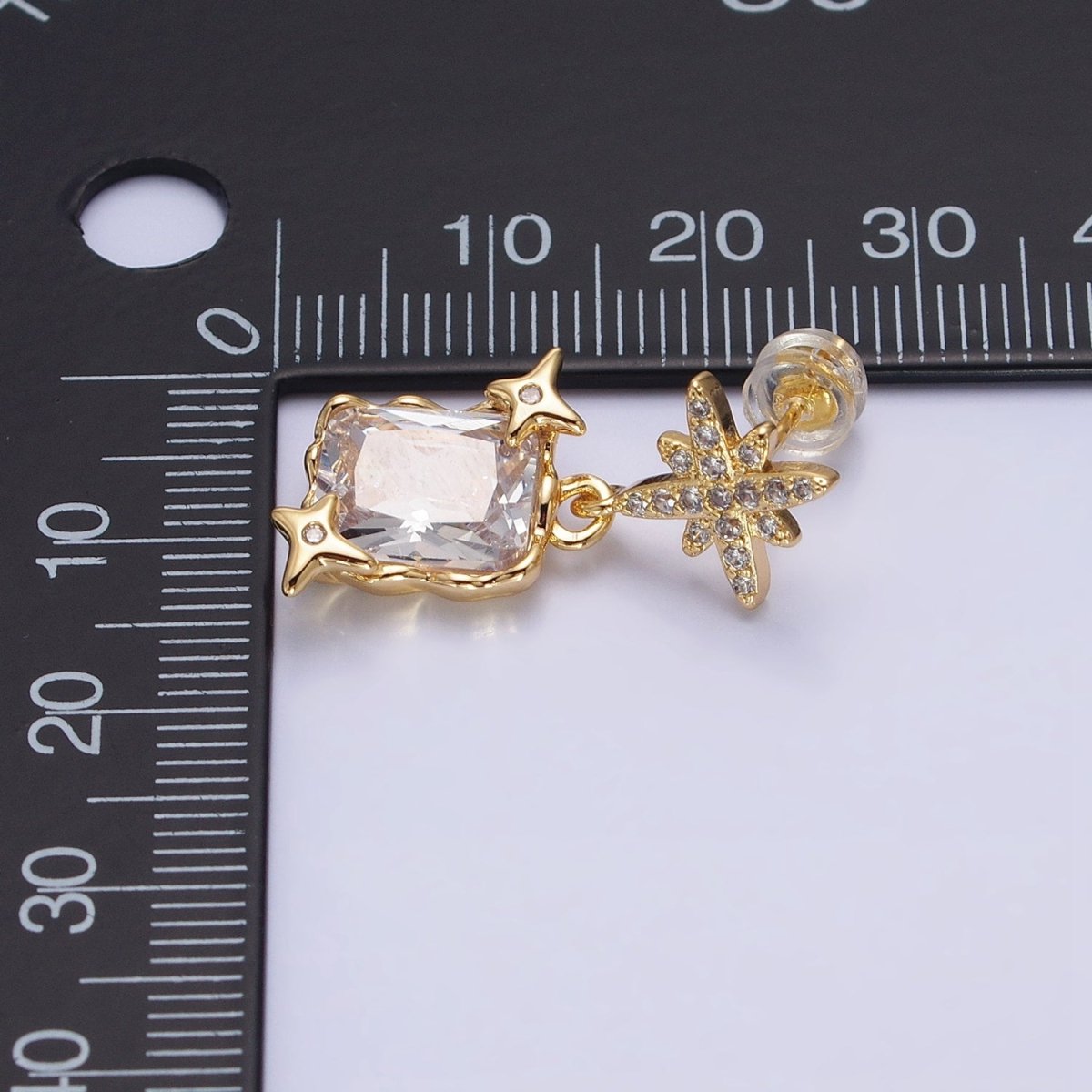 Silver, Gold Clear Baguette CZ Micro Paved Celestial North Star Stud Earrings | AB1090 AD788