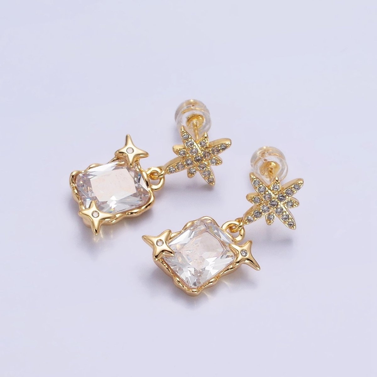 Silver, Gold Clear Baguette CZ Micro Paved Celestial North Star Stud Earrings | AB1090 AD788