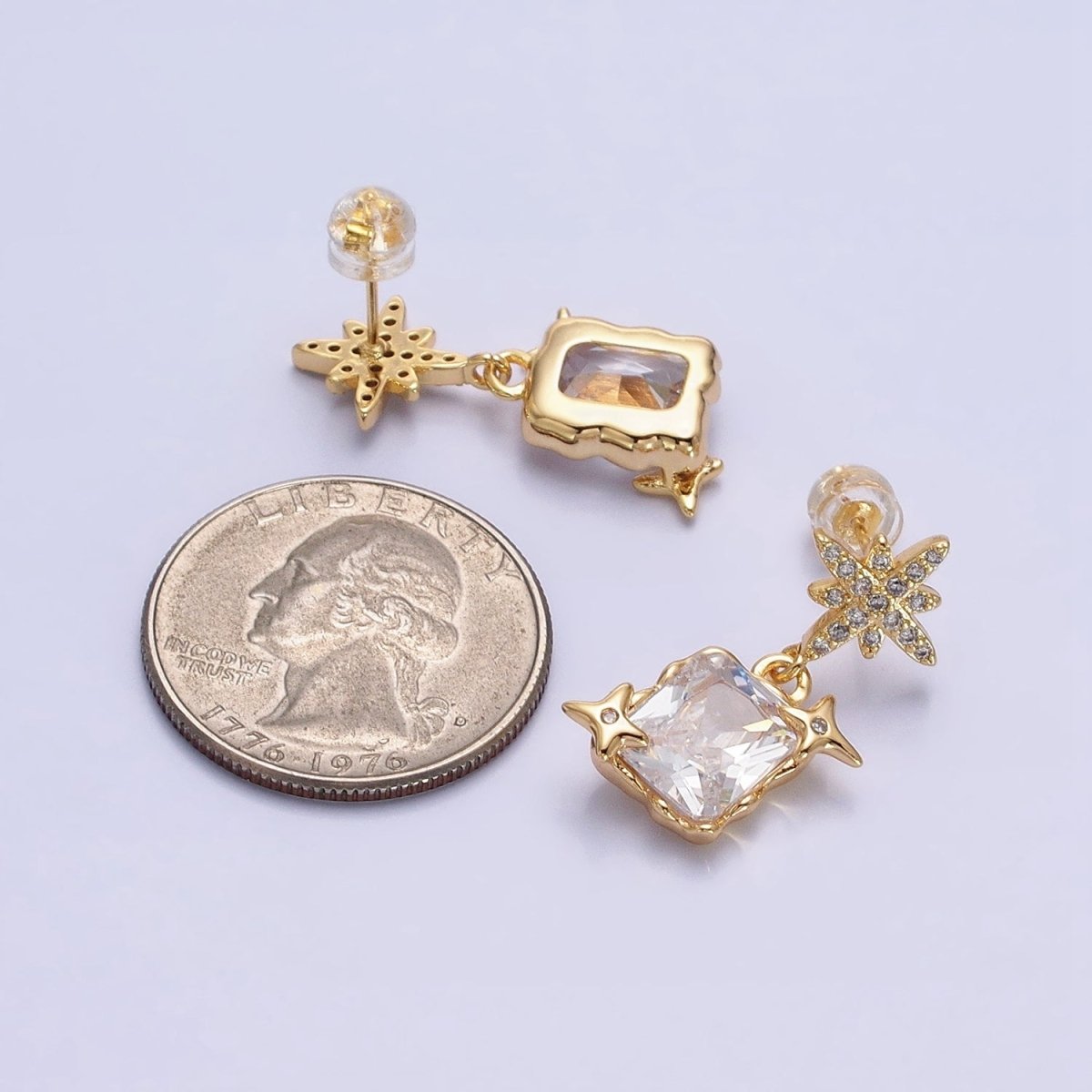 Silver, Gold Clear Baguette CZ Micro Paved Celestial North Star Stud Earrings | AB1090 AD788