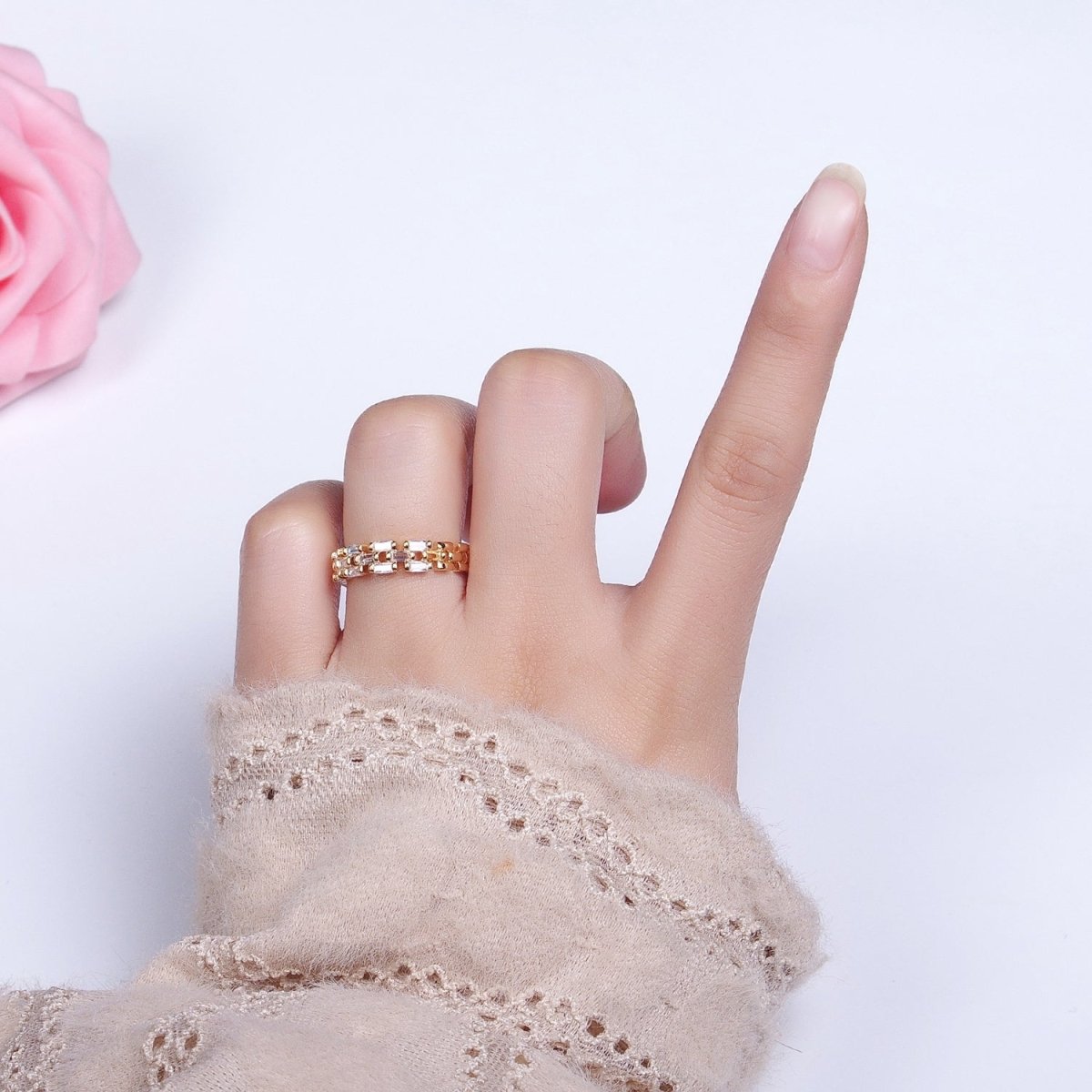 Silver, Gold Clear Baguette CZ Panther Chain Link Band Ring | O-1507 O-1508