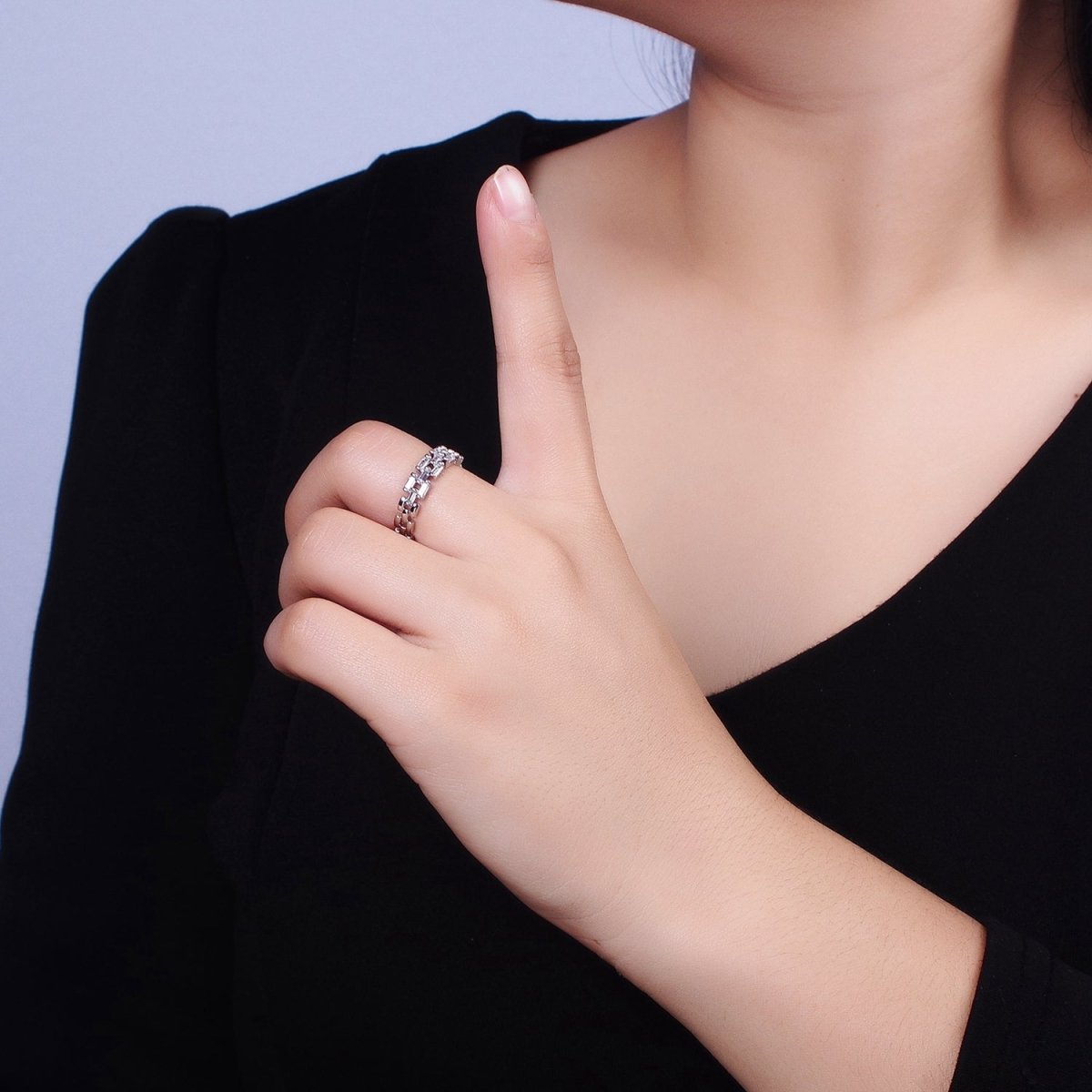 Silver, Gold Clear Baguette CZ Panther Chain Link Band Ring | O-1507 O-1508