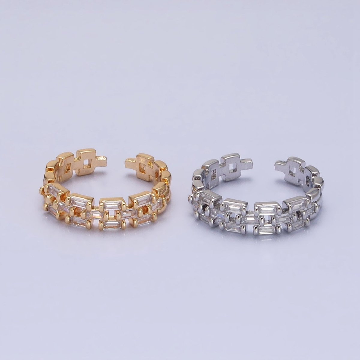Silver, Gold Clear Baguette CZ Panther Chain Link Band Ring | O-1507 O-1508