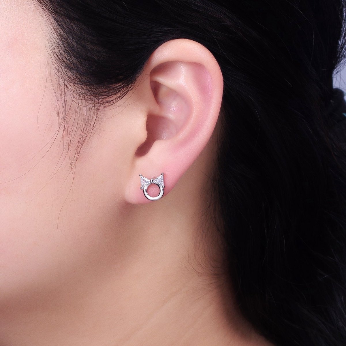 Silver, Gold Clear CZ Ribbon Bow Round Open Geometric Stud Earrings | AB580 AB610