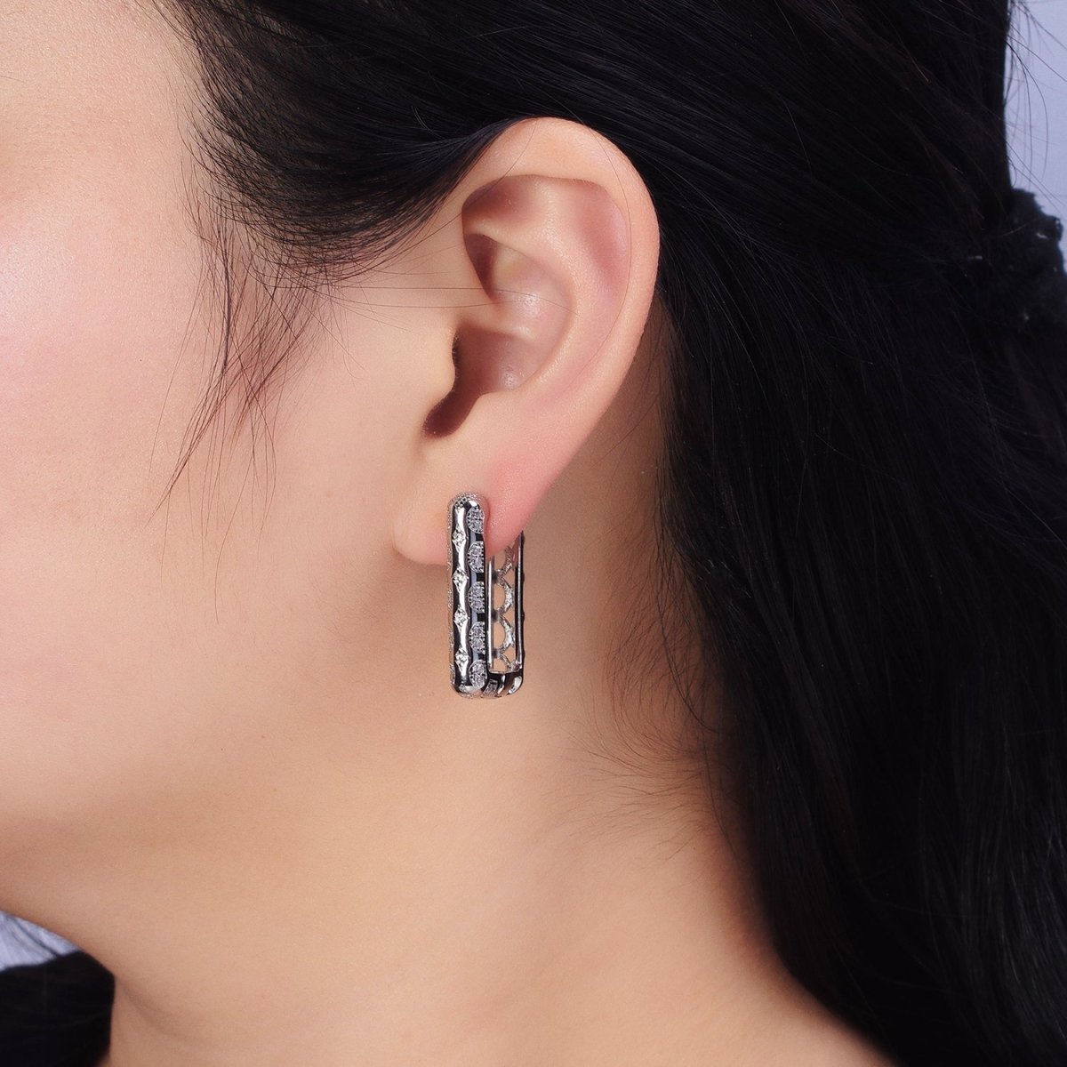 Silver, Gold Diamond Star Micro Paved CZ Oblong Hoop Earrings | AB729 AB836