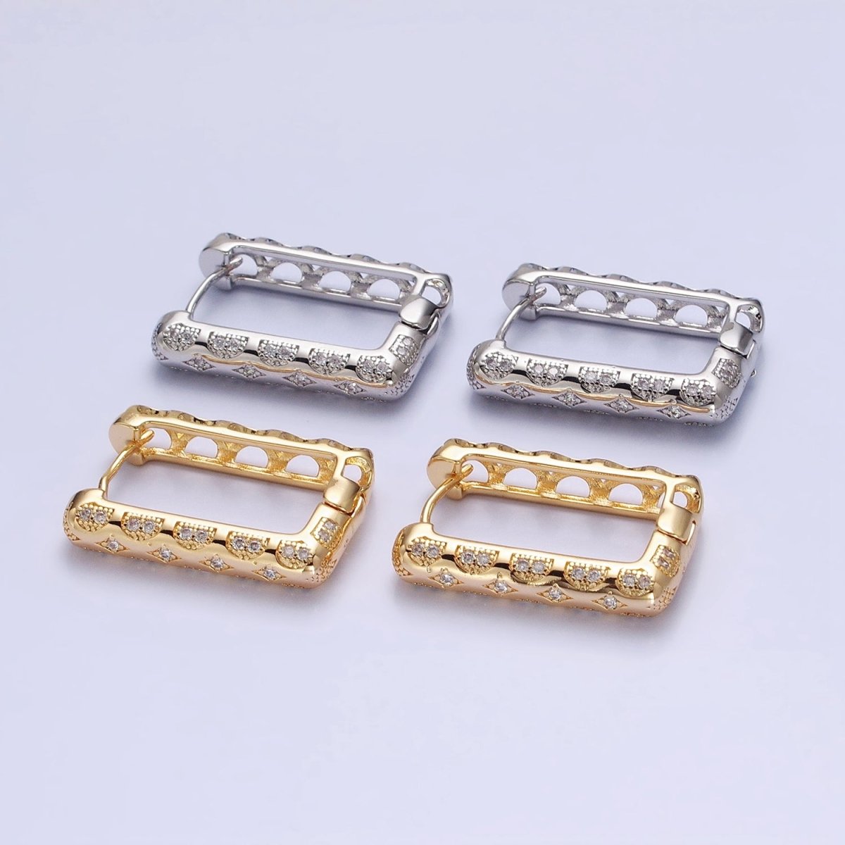 Silver, Gold Diamond Star Micro Paved CZ Oblong Hoop Earrings | AB729 AB836