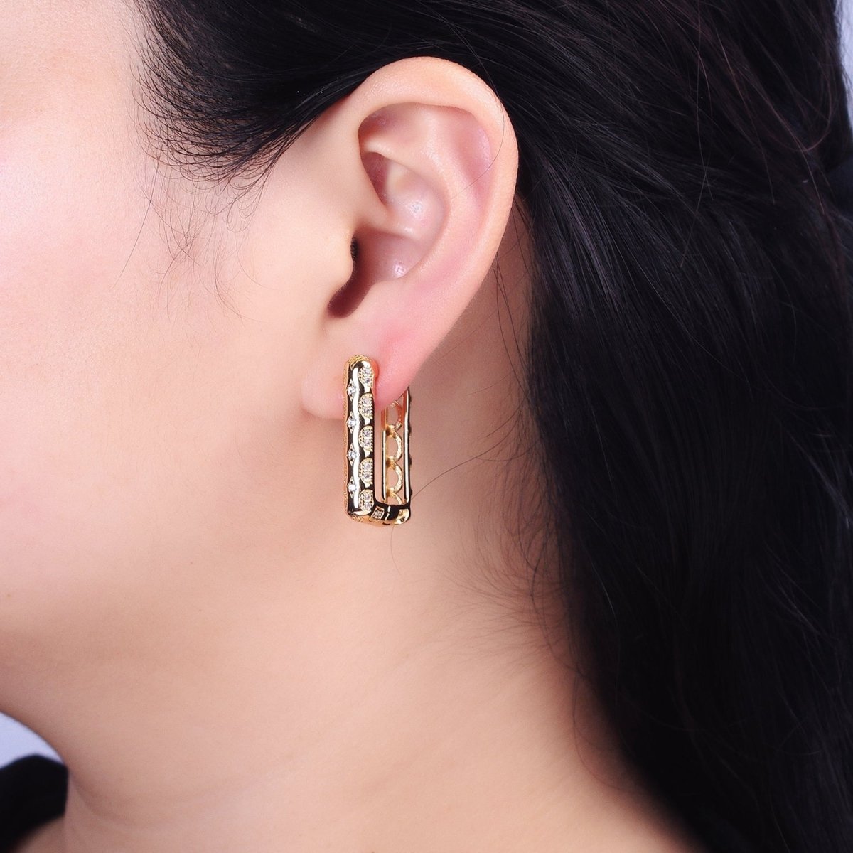 Silver, Gold Diamond Star Micro Paved CZ Oblong Hoop Earrings | AB729 AB836