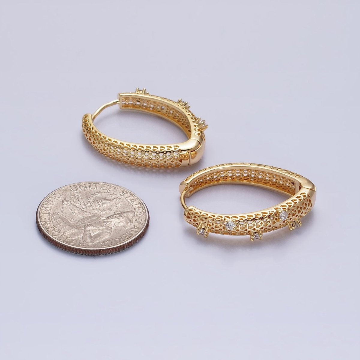 Silver, Gold Filigree CZ Dotted Geometric Triangle Hoop Earrings | AB894 AB929