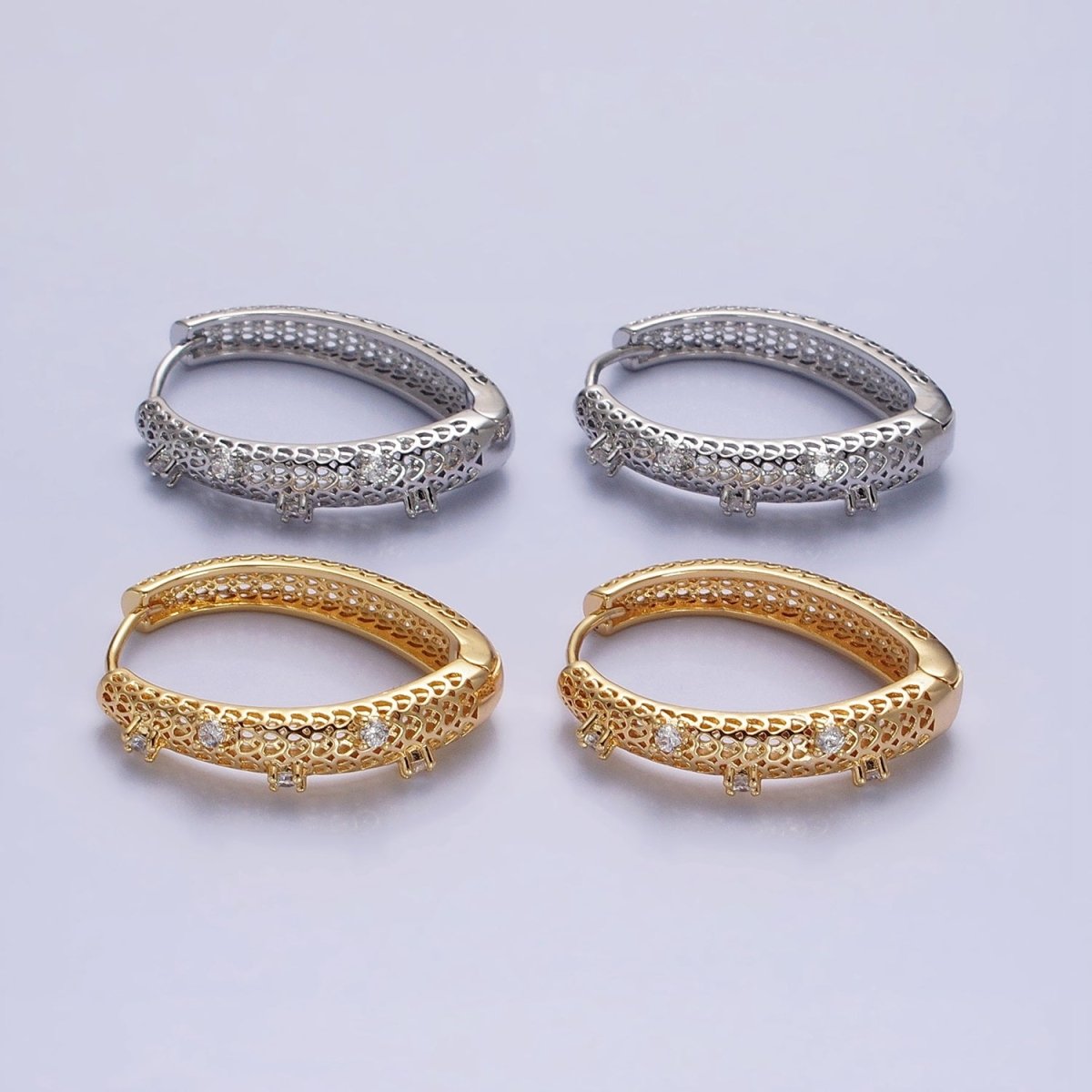 Silver, Gold Filigree CZ Dotted Geometric Triangle Hoop Earrings | AB894 AB929