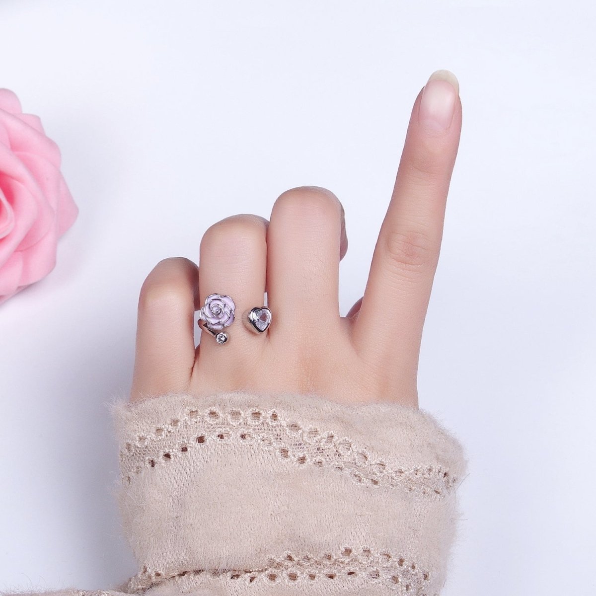 Silver, Gold Flower Rose White, Pink Enamel Clear CZ Open Ring | O-1884 O-1885 O-1886 O-1887