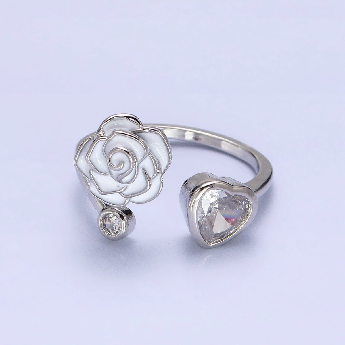 Silver, Gold Flower Rose White, Pink Enamel Clear CZ Open Ring | O-1884 O-1885 O-1886 O-1887