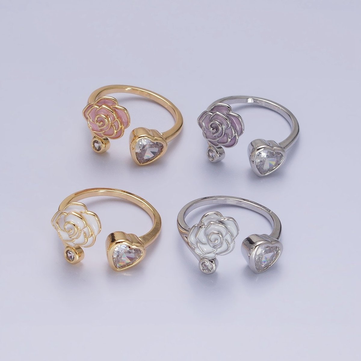 Silver, Gold Flower Rose White, Pink Enamel Clear CZ Open Ring | O-1884 O-1885 O-1886 O-1887