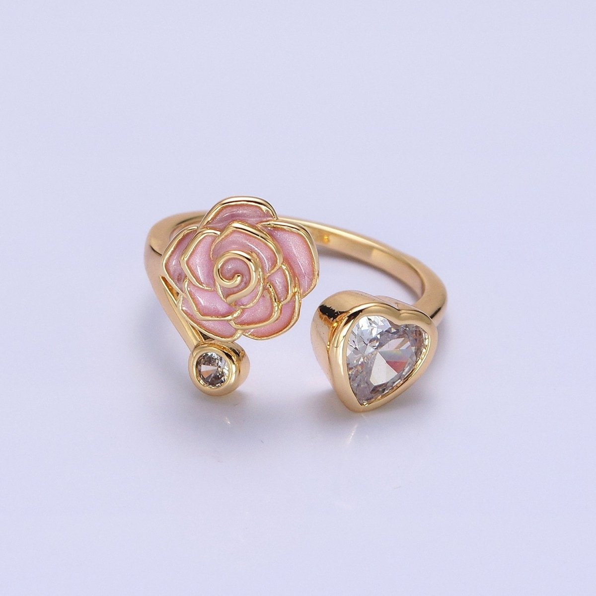 Silver, Gold Flower Rose White, Pink Enamel Clear CZ Open Ring | O-1884 O-1885 O-1886 O-1887