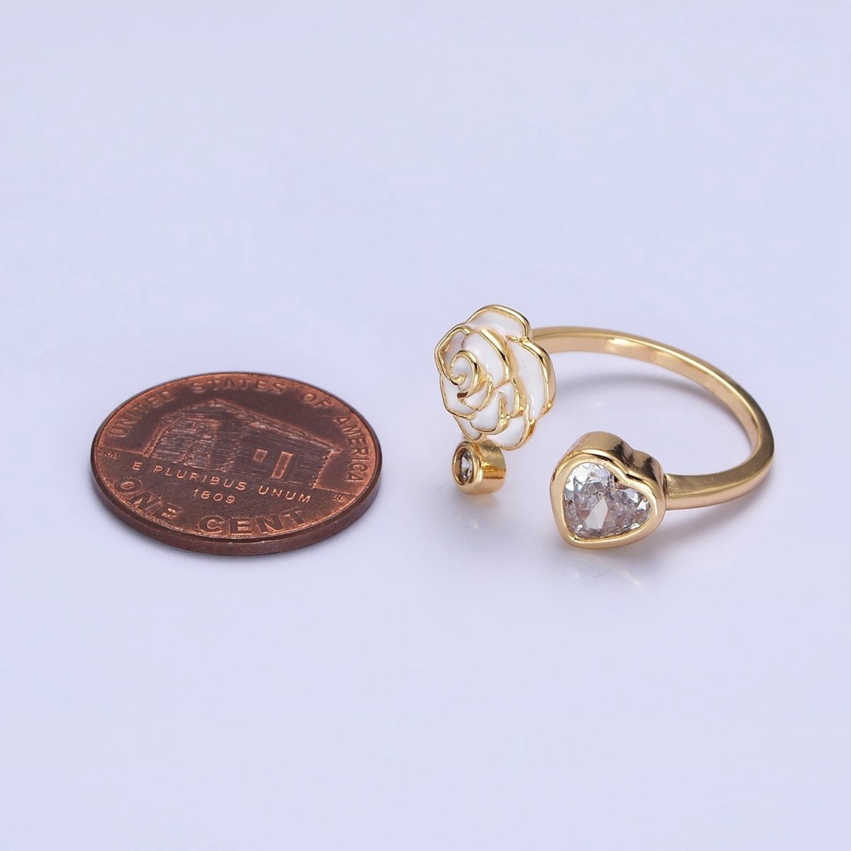 Silver, Gold Flower Rose White, Pink Enamel Clear CZ Open Ring | O-1884 O-1885 O-1886 O-1887