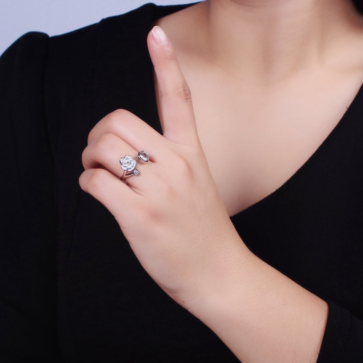 Silver, Gold Flower Rose White, Pink Enamel Clear CZ Open Ring | O-1884 O-1885 O-1886 O-1887