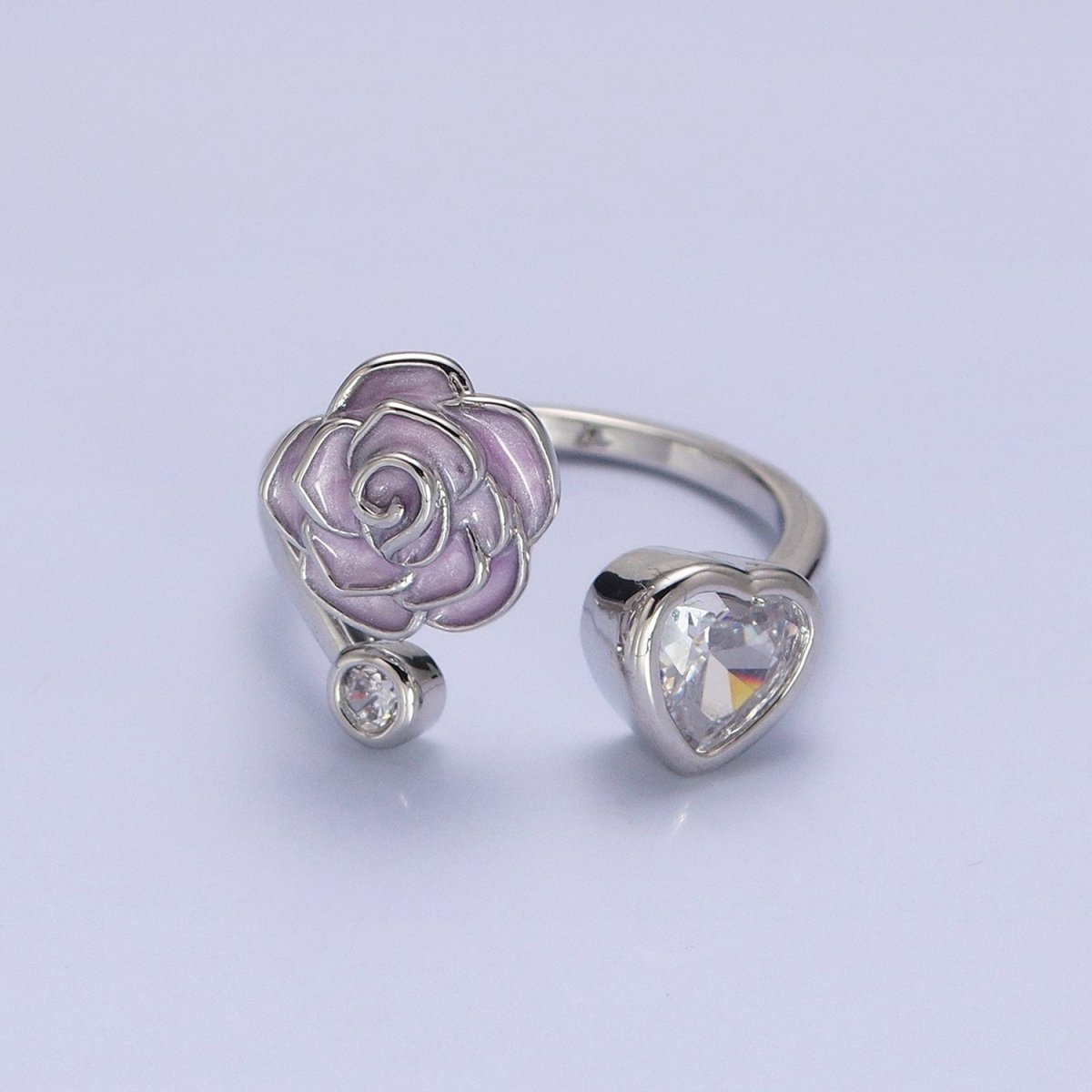 Silver, Gold Flower Rose White, Pink Enamel Clear CZ Open Ring | O-1884 O-1885 O-1886 O-1887