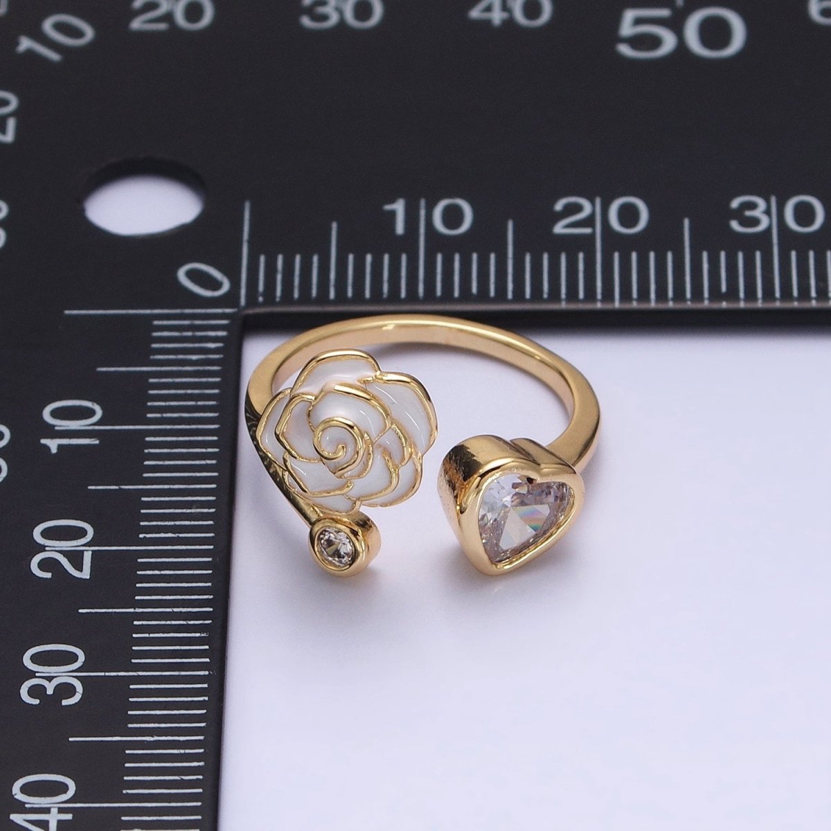 Silver, Gold Flower Rose White, Pink Enamel Clear CZ Open Ring | O-1884 O-1885 O-1886 O-1887