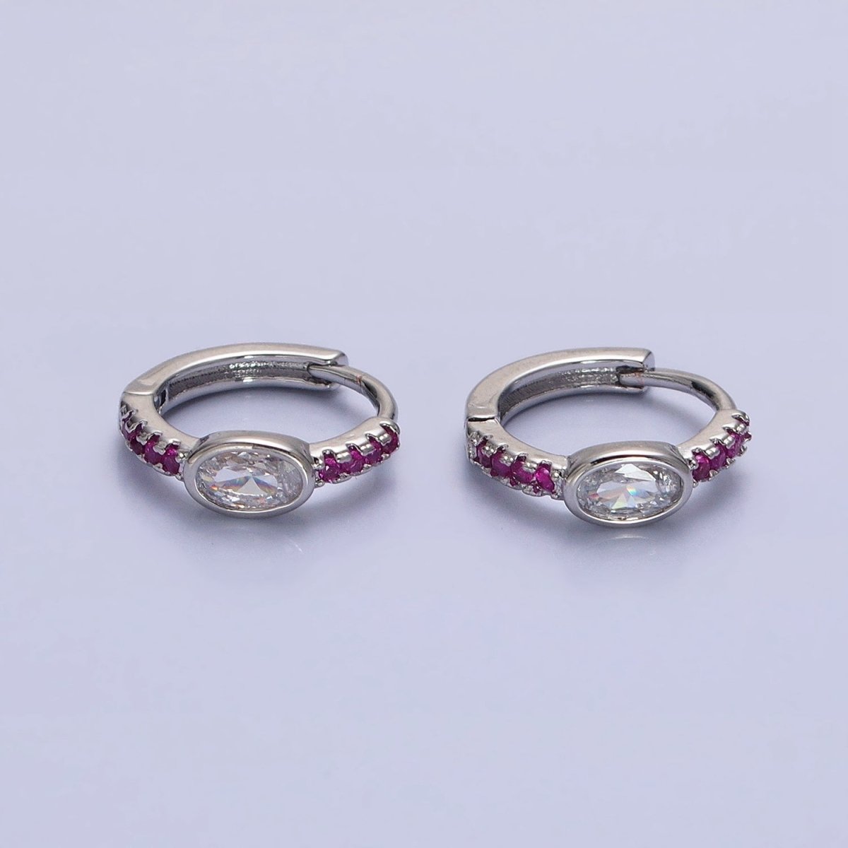 Silver, Gold Fuchsia Micro Paved Lined Clear Oval CZ 13mm Cartilage Huggie Earrings | AB814 AB826