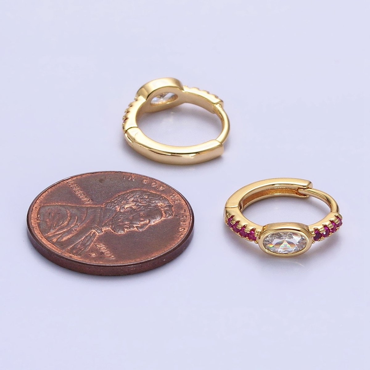 Silver, Gold Fuchsia Micro Paved Lined Clear Oval CZ 13mm Cartilage Huggie Earrings | AB814 AB826