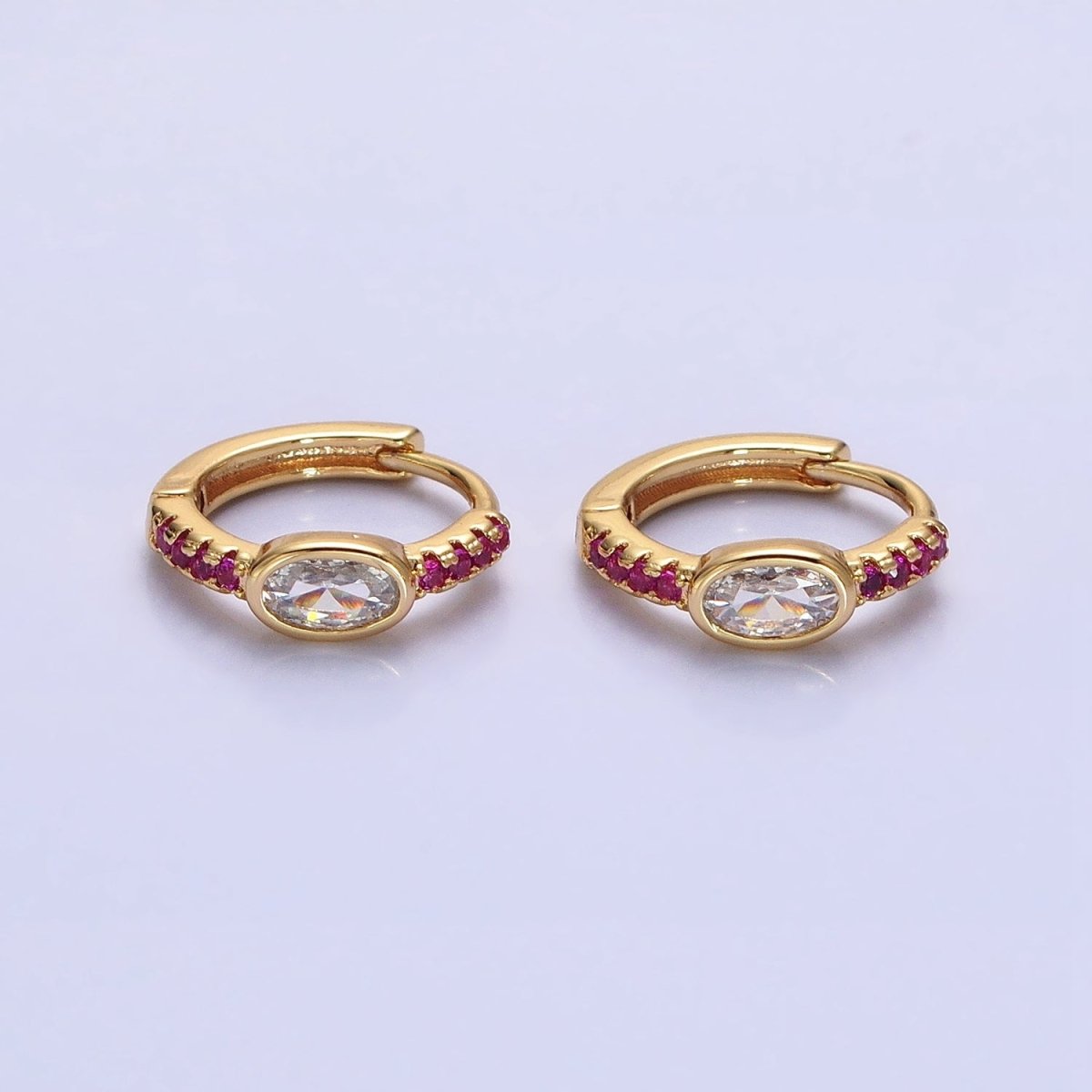 Silver, Gold Fuchsia Micro Paved Lined Clear Oval CZ 13mm Cartilage Huggie Earrings | AB814 AB826