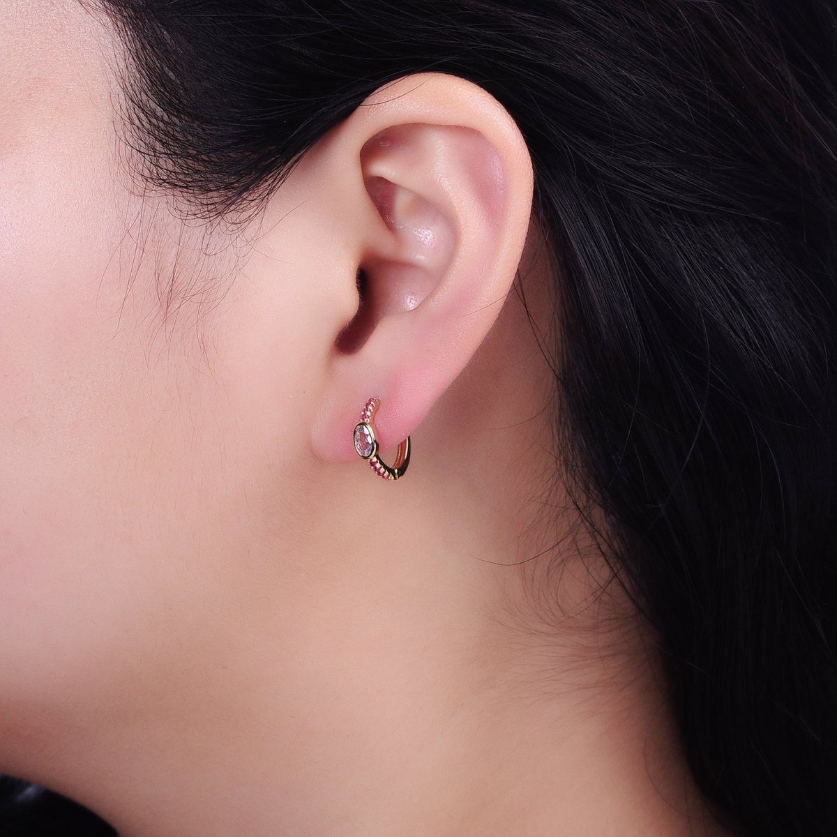 Silver, Gold Fuchsia Micro Paved Lined Clear Oval CZ 13mm Cartilage Huggie Earrings | AB814 AB826