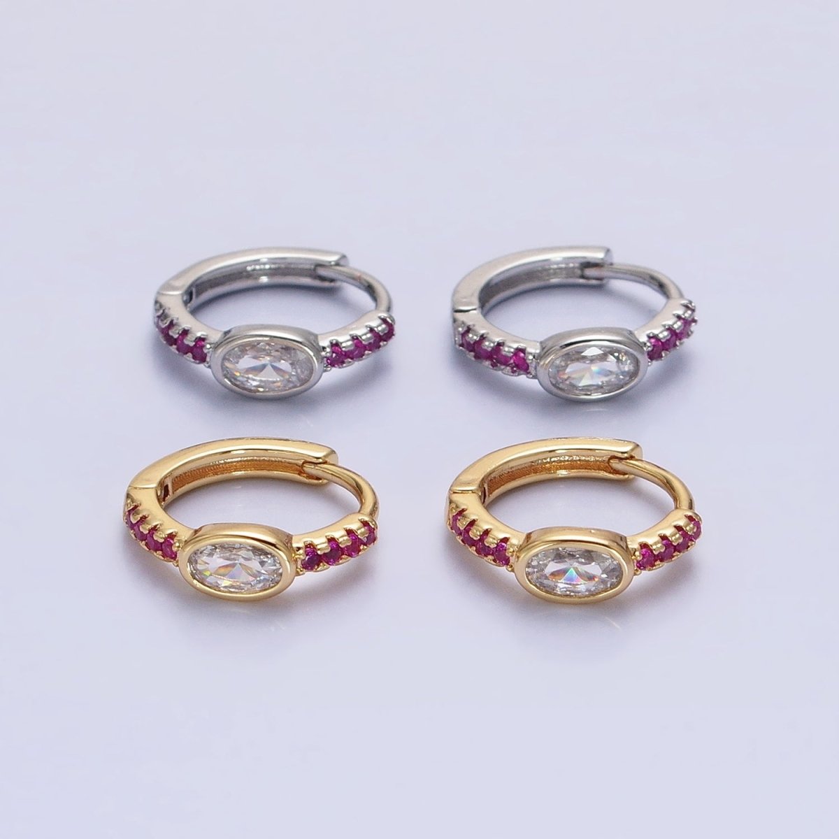 Silver, Gold Fuchsia Micro Paved Lined Clear Oval CZ 13mm Cartilage Huggie Earrings | AB814 AB826