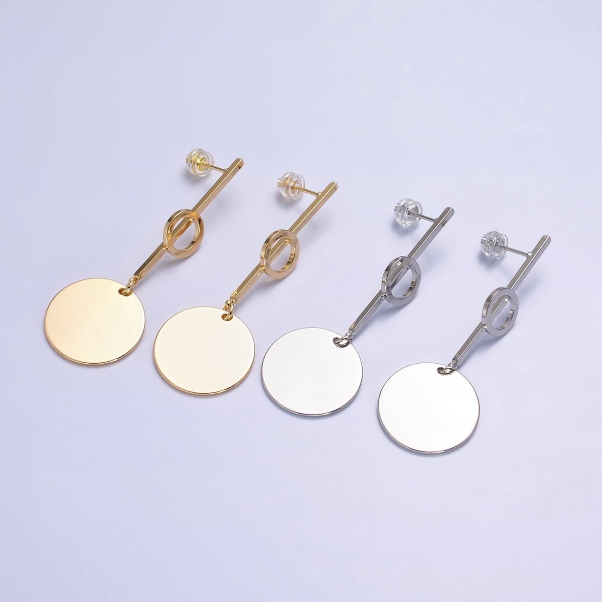 Silver, Gold Geometric Round Coin Drop Dangle Circle Linear 57.5mm Stud Earrings | AB967 AB975