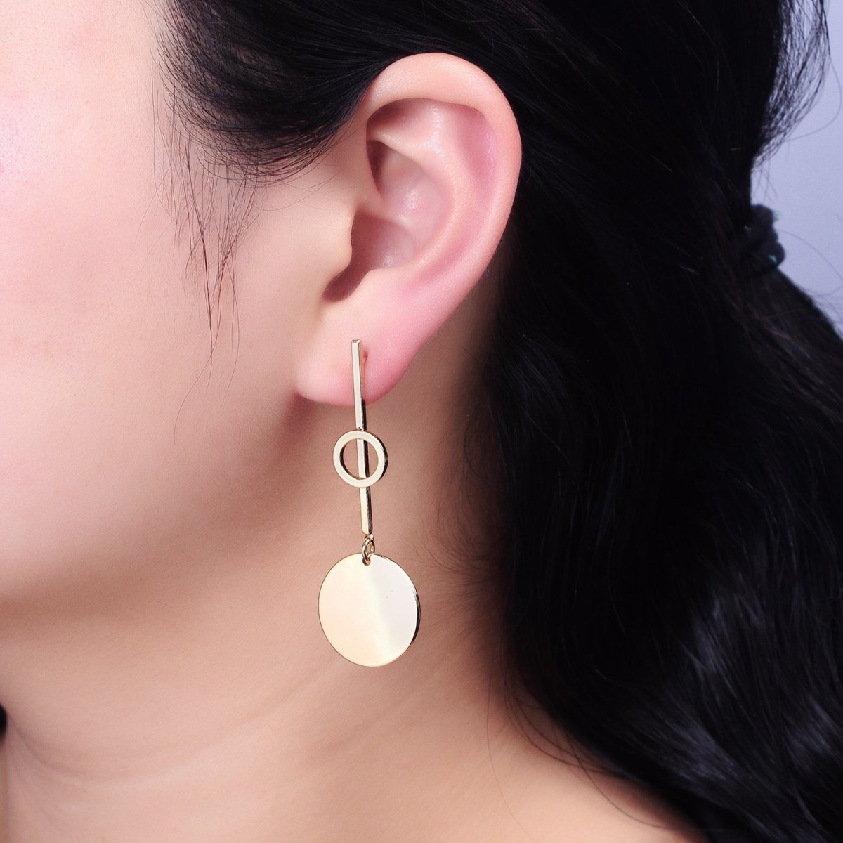 Silver, Gold Geometric Round Coin Drop Dangle Circle Linear 57.5mm Stud Earrings | AB967 AB975