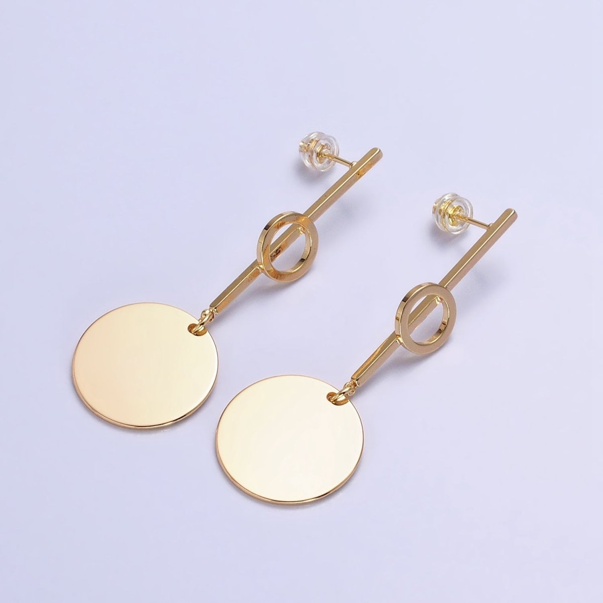 Silver, Gold Geometric Round Coin Drop Dangle Circle Linear 57.5mm Stud Earrings | AB967 AB975