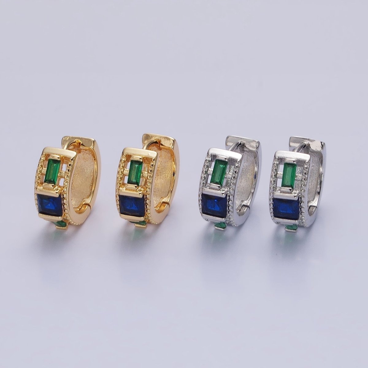 Silver, Gold Green Baguette Blue Square CZ Lined Wide 13.5mm Huggie Earrings | AB804 AB822