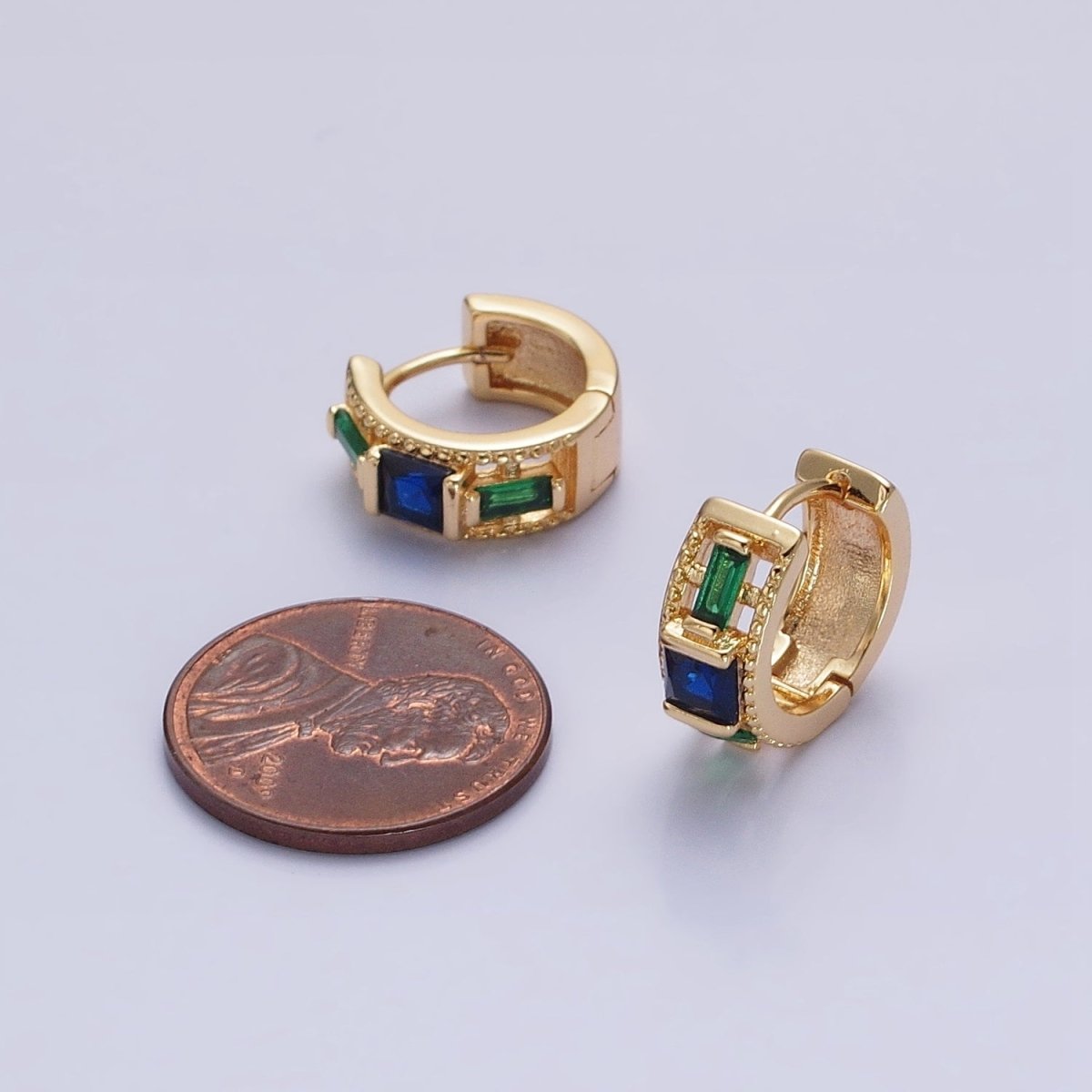 Silver, Gold Green Baguette Blue Square CZ Lined Wide 13.5mm Huggie Earrings | AB804 AB822