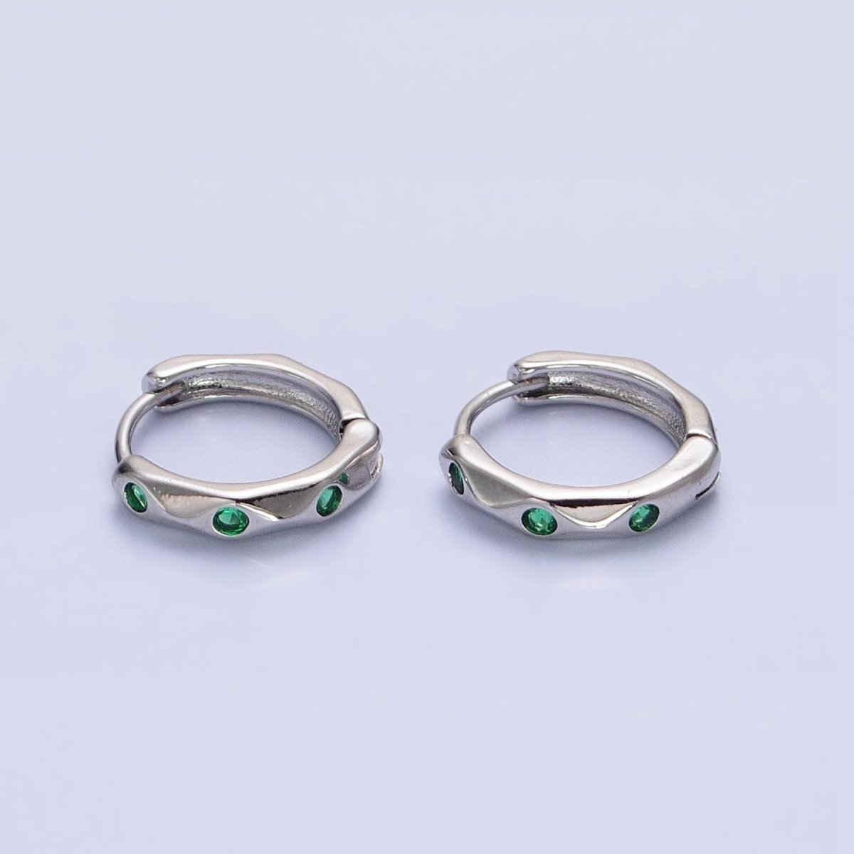 Silver, Gold Green CZ Dotted Geometric Dented 12mm Huggie Earrings in Silver & Gold | AB900 AB911