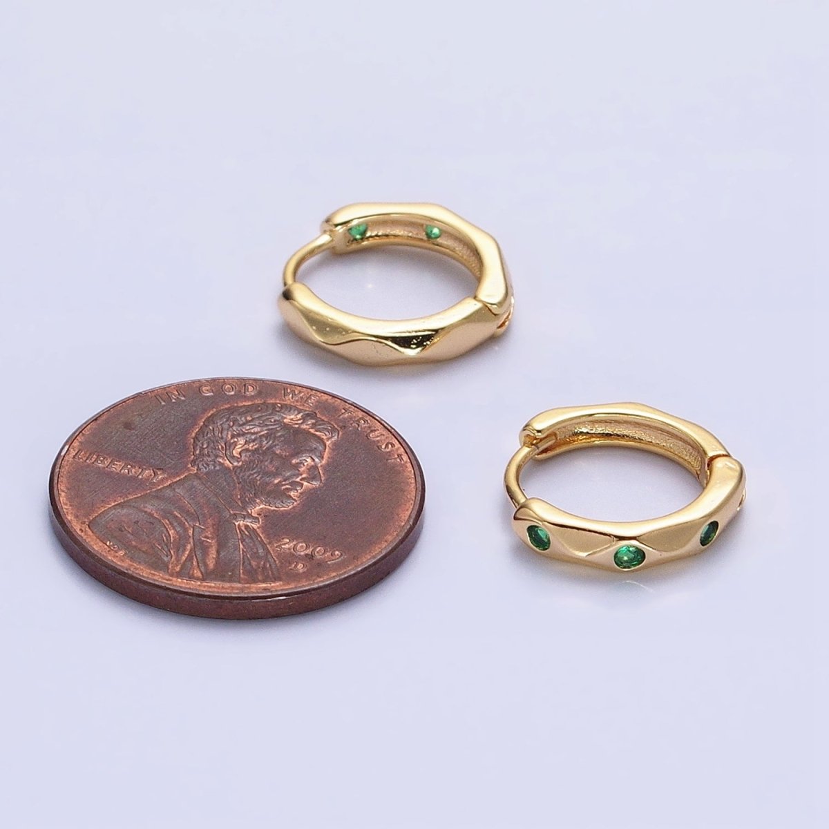 Silver, Gold Green CZ Dotted Geometric Dented 12mm Huggie Earrings in Silver & Gold | AB900 AB911