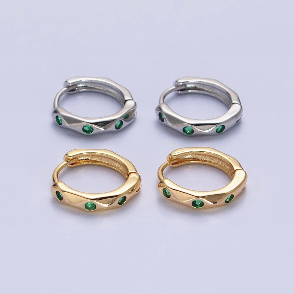 Silver, Gold Green CZ Dotted Geometric Dented 12mm Huggie Earrings in Silver & Gold | AB900 AB911