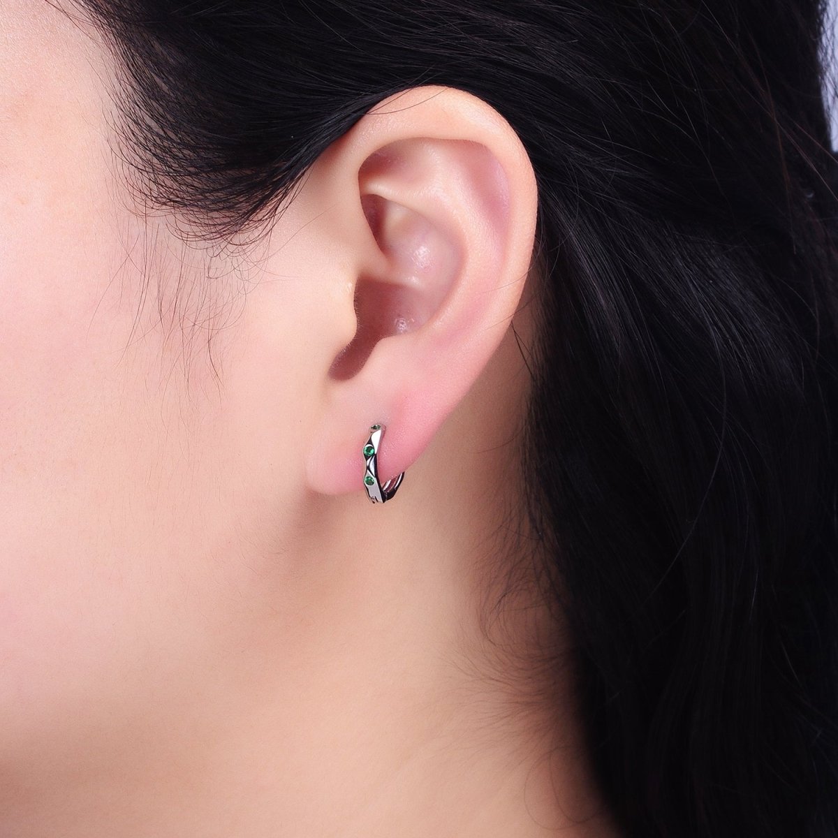 Silver, Gold Green CZ Dotted Geometric Dented 12mm Huggie Earrings in Silver & Gold | AB900 AB911