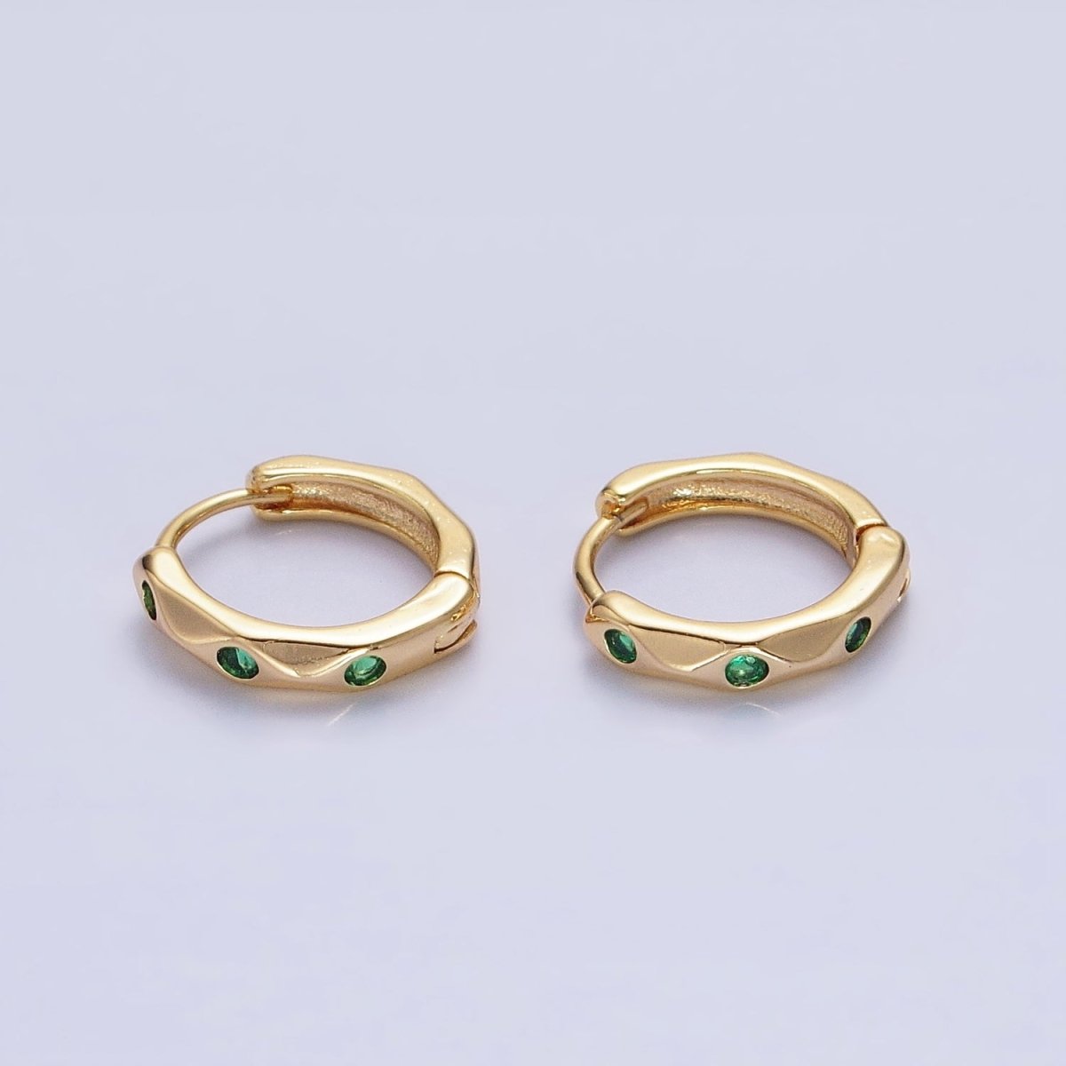 Silver, Gold Green CZ Dotted Geometric Dented 12mm Huggie Earrings in Silver & Gold | AB900 AB911