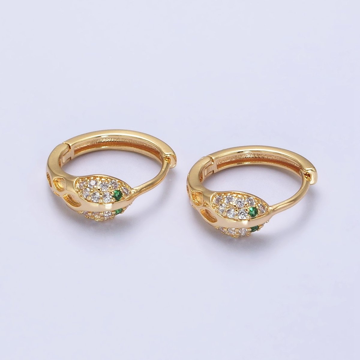 Silver, Gold Green-Eyed Micro Paved Serpent Snake Animal 15mm Huggie Earrings | AB739 AB752