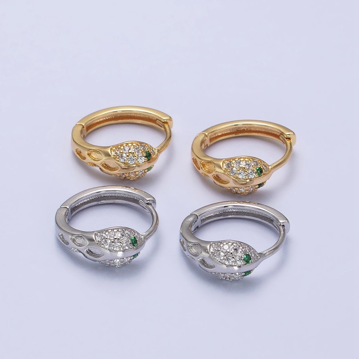 Silver, Gold Green-Eyed Micro Paved Serpent Snake Animal 15mm Huggie Earrings | AB739 AB752