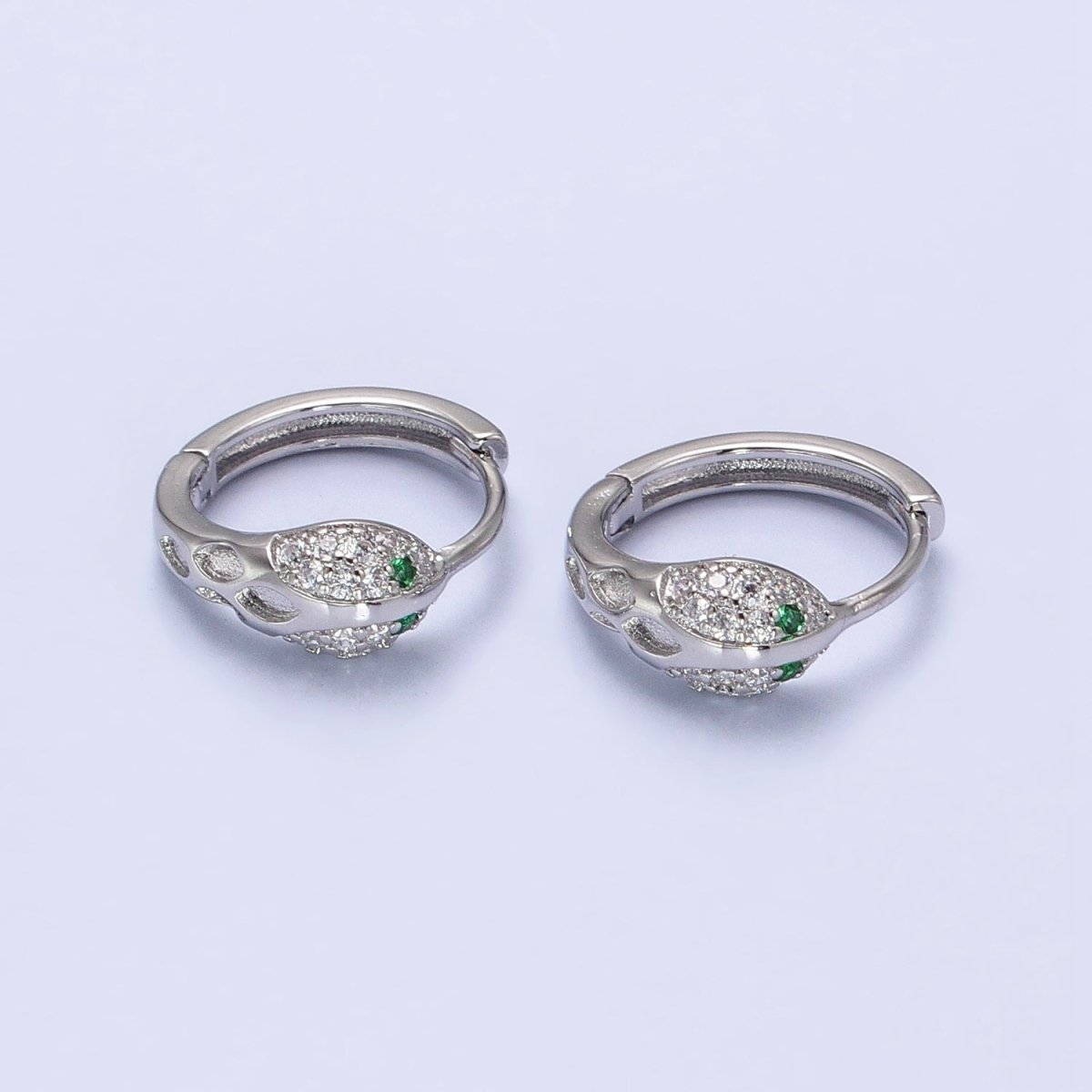 Silver, Gold Green-Eyed Micro Paved Serpent Snake Animal 15mm Huggie Earrings | AB739 AB752