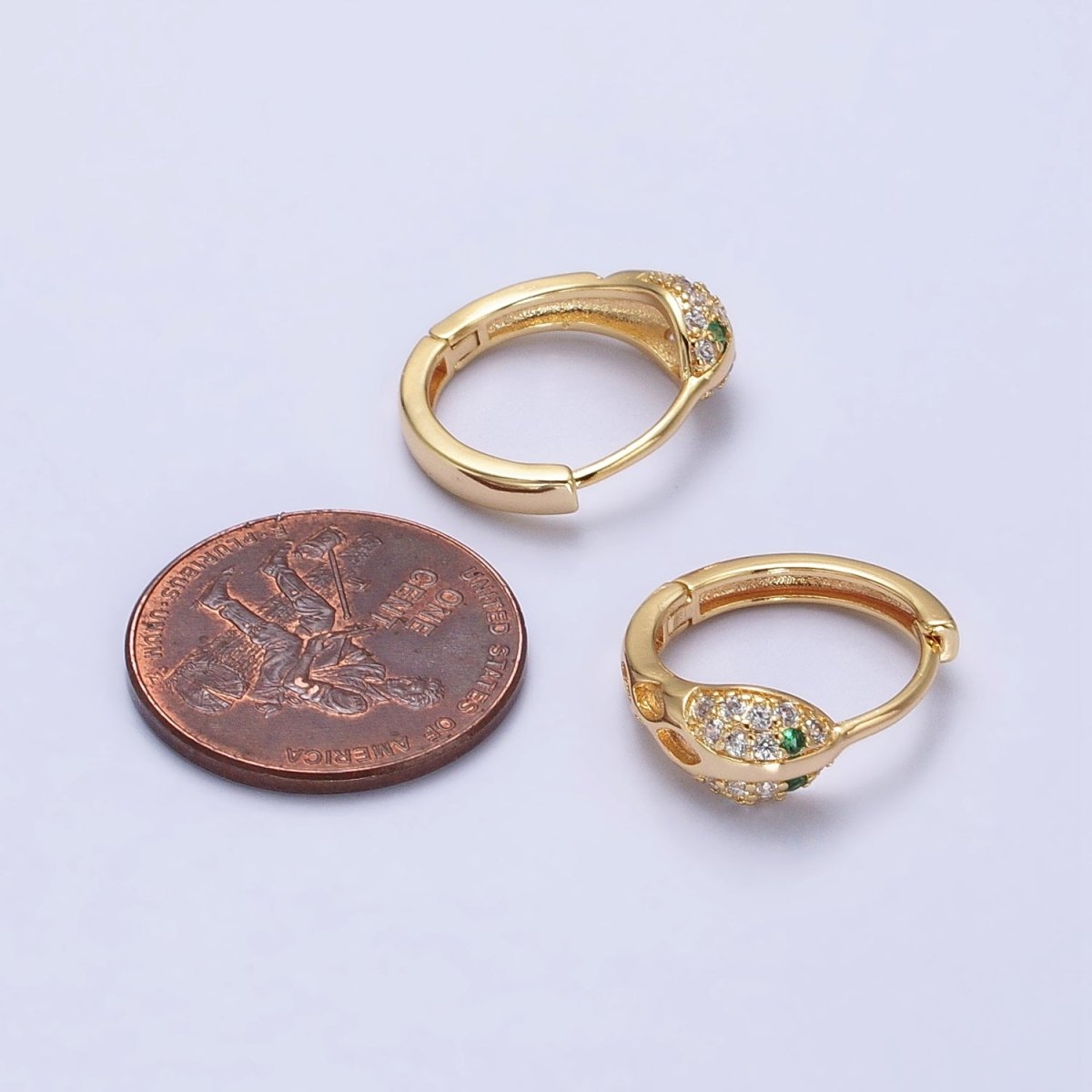 Silver, Gold Green-Eyed Micro Paved Serpent Snake Animal 15mm Huggie Earrings | AB739 AB752