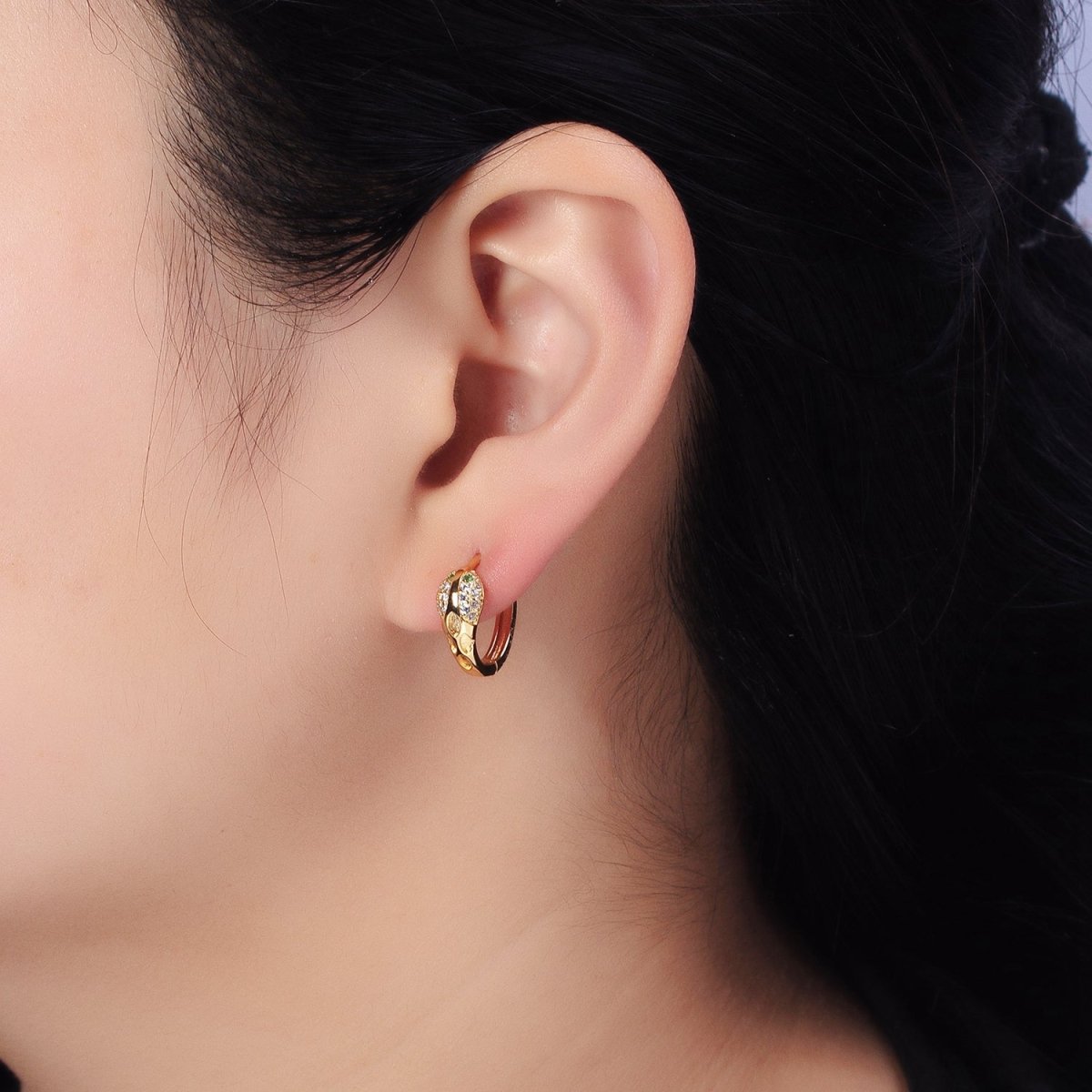 Silver, Gold Green-Eyed Micro Paved Serpent Snake Animal 15mm Huggie Earrings | AB739 AB752