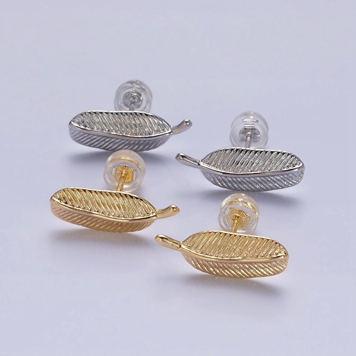 Silver, Gold Line-Textured Natural Plant Leaf Stud Earrings | AB813 AB835