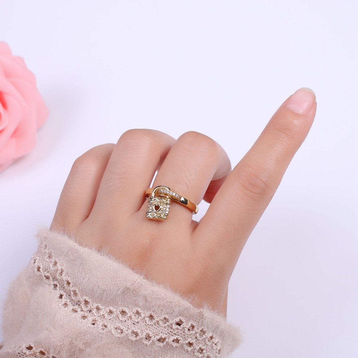 Silver /  Gold Love Lock Ring Cuff Open Ring Adjustable Women Padlock Jewelry U-213 U-214