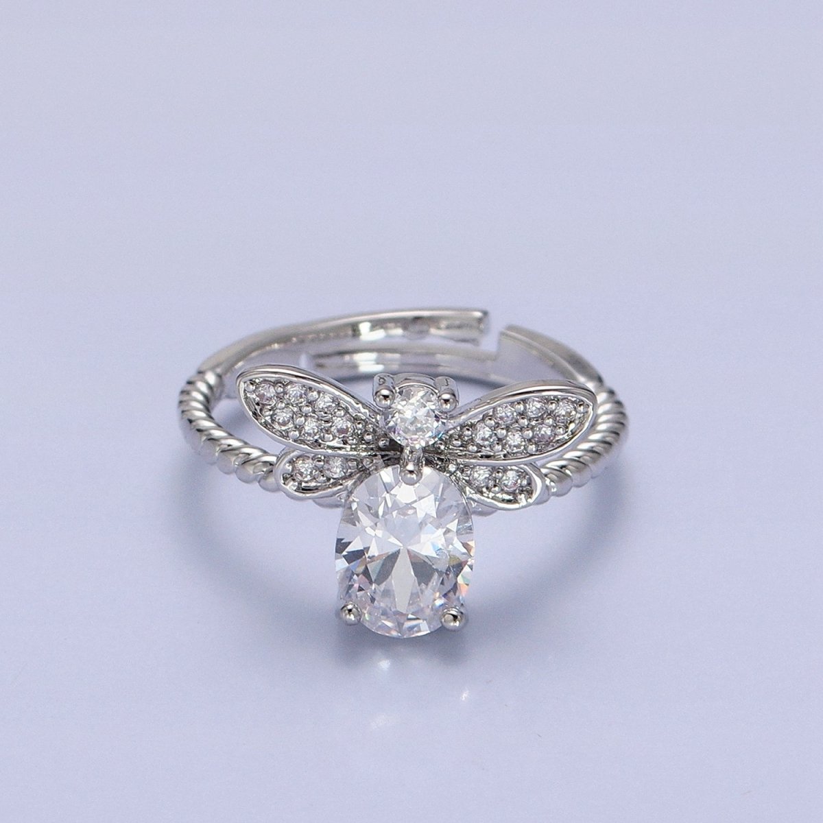 Silver, Gold Micro Paved Bettle Insect Clear Oval CZ Twisted Adjustable Ring | O-1505 O-1506