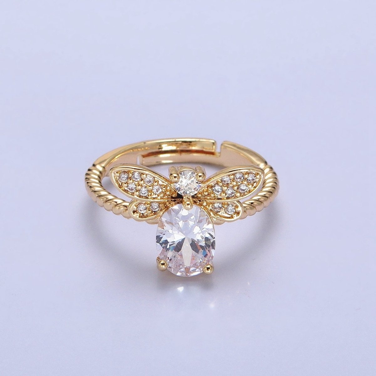 Silver, Gold Micro Paved Bettle Insect Clear Oval CZ Twisted Adjustable Ring | O-1505 O-1506