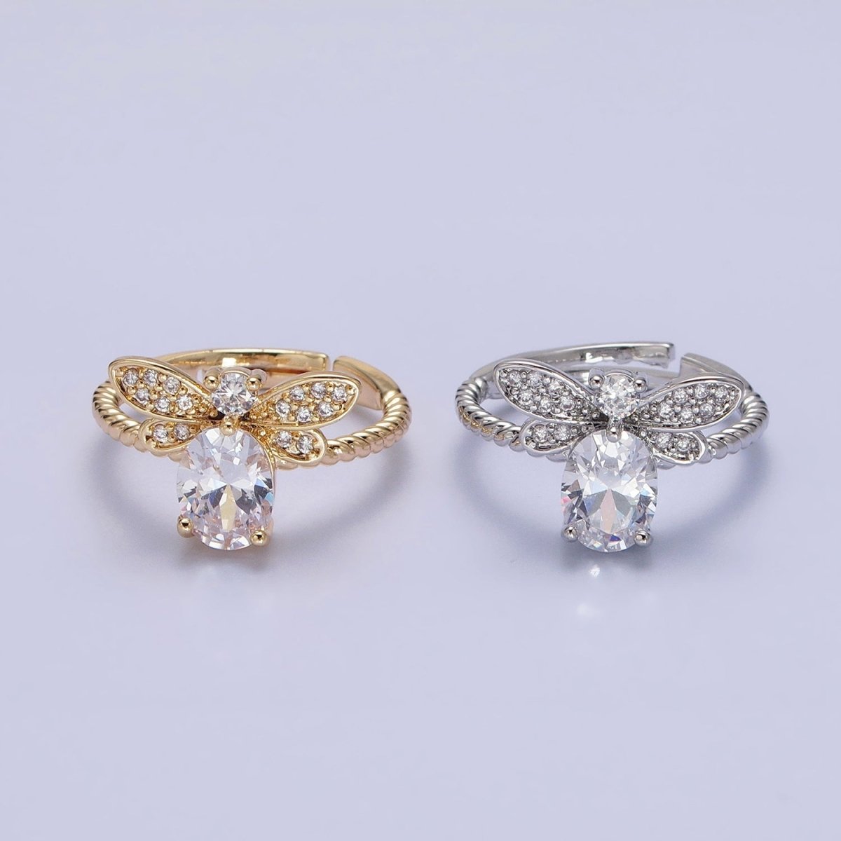 Silver, Gold Micro Paved Bettle Insect Clear Oval CZ Twisted Adjustable Ring | O-1505 O-1506