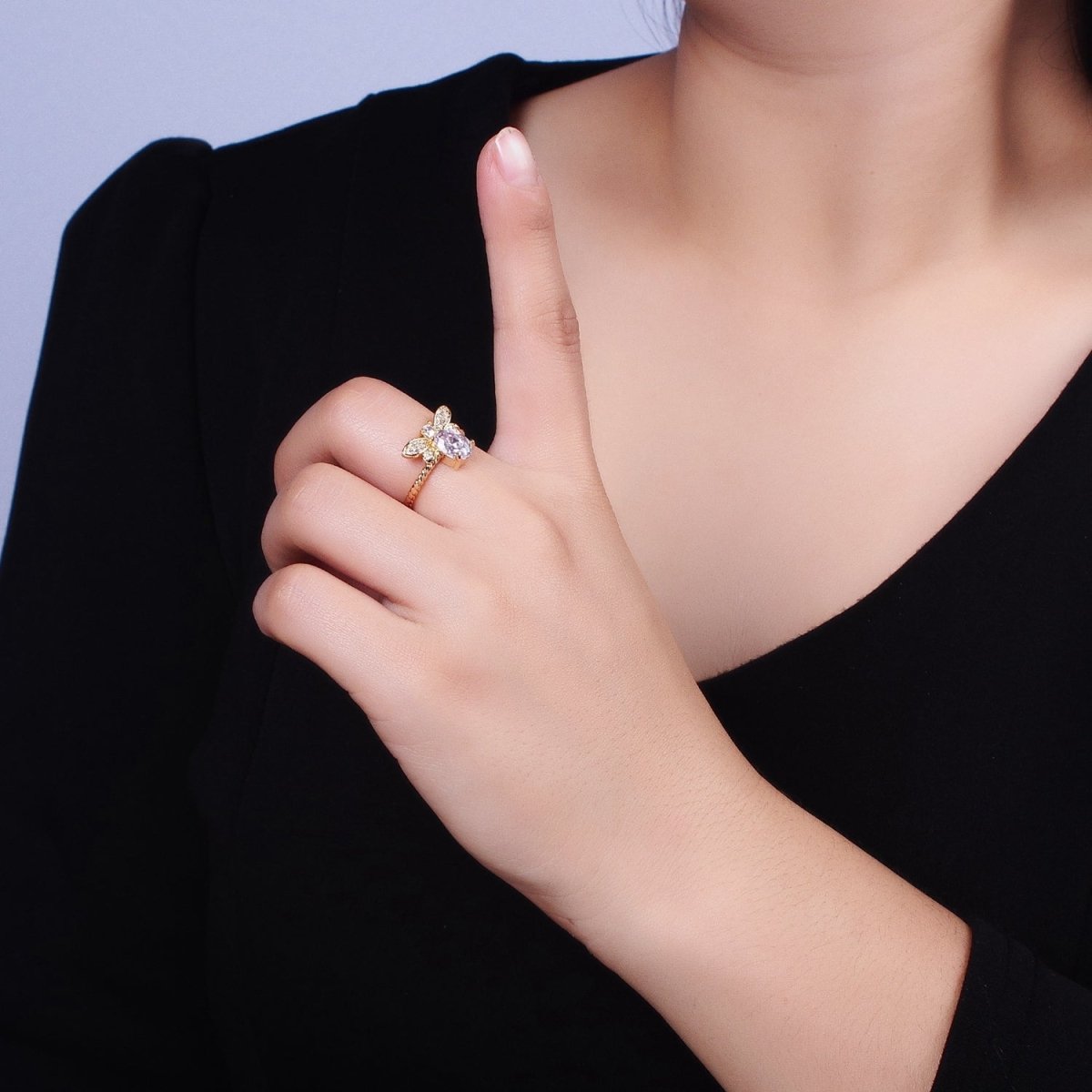 Silver, Gold Micro Paved Bettle Insect Clear Oval CZ Twisted Adjustable Ring | O-1505 O-1506