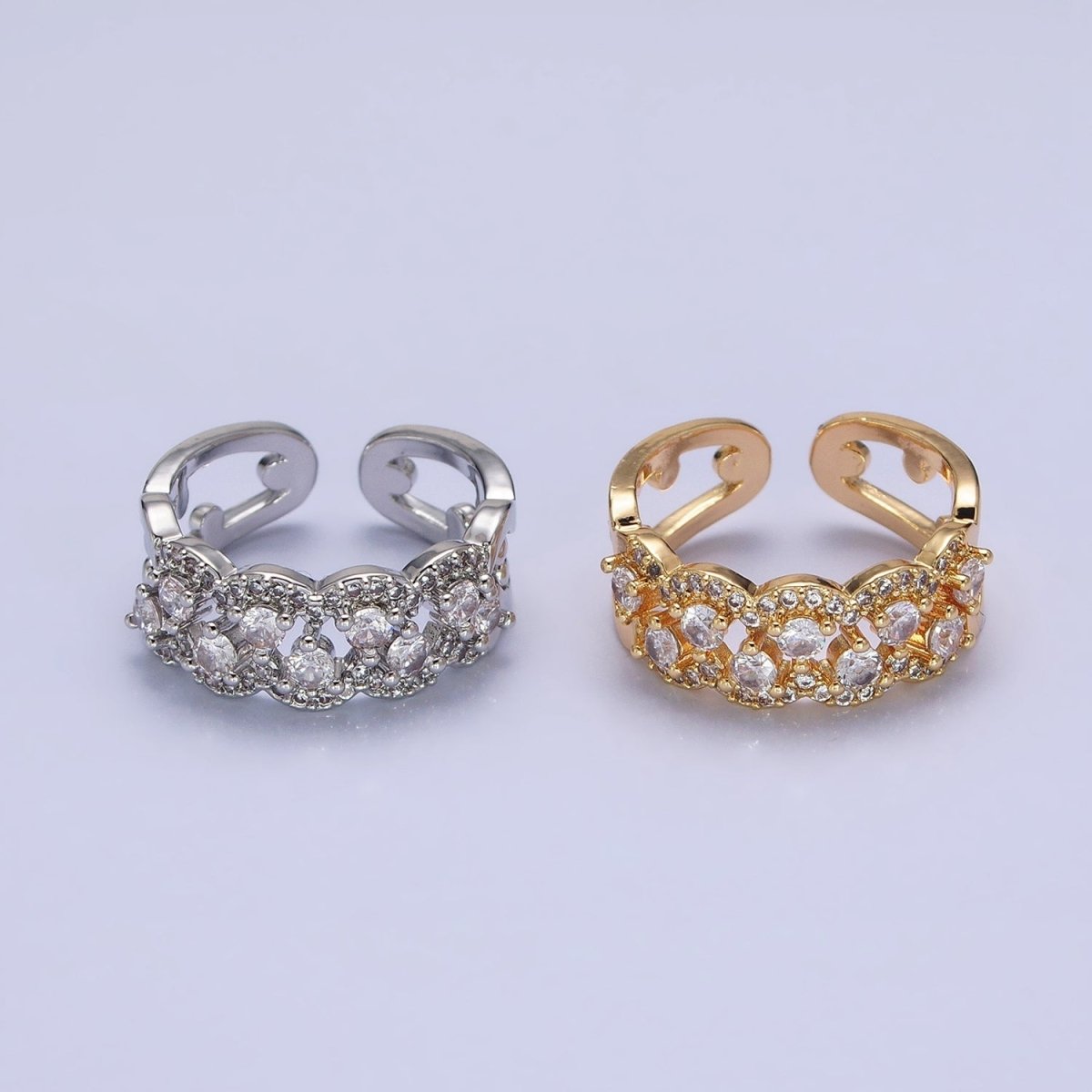 Silver, Gold Micro Paved Clear CZ Rounded Bubble Double Band Ring | O-1888 O-1889