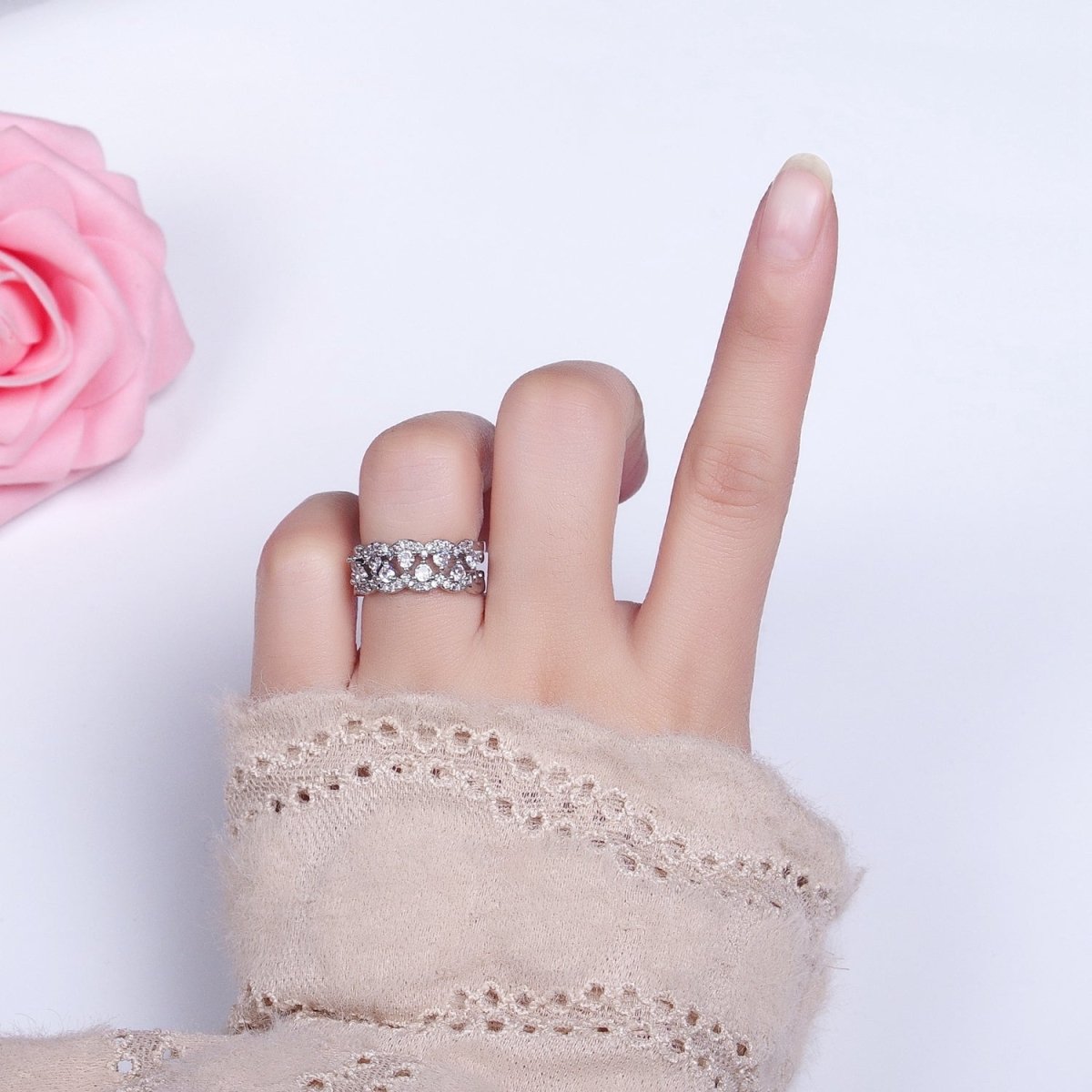 Silver, Gold Micro Paved Clear CZ Rounded Bubble Double Band Ring | O-1888 O-1889